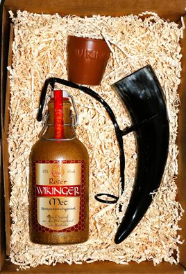 Roter Wikinger Met Honigwein 6 % Vol.0,5 Liter Tonkrug + Becher + Horn + Ständer