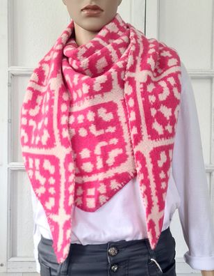 XXL Winter Super Flausch Dreieckstuch Schal Halstuch Viskose Wolle Print Pink/ Weiß