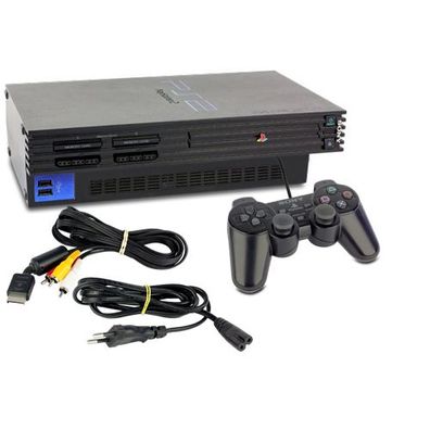 PS2 Konsole Fat in Schwarz + original Controller + alle Kabel