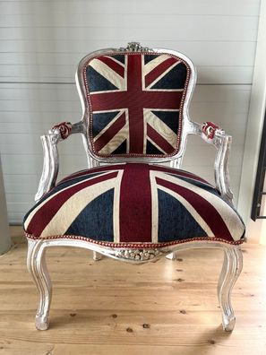 Armchair French Louis Style Union Jack Chair Antique Style Silver Finish Baroqu