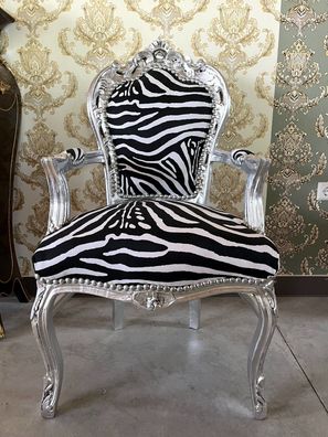 Armchair French Louis Style Zebra Print Chair Antique Baroque in Silver Finish