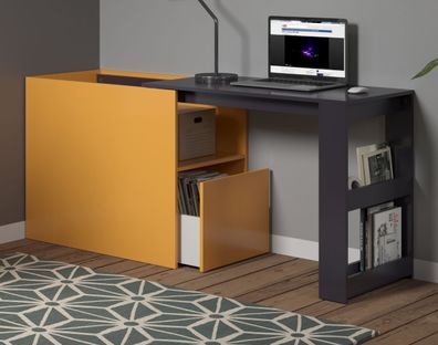 Schreibtisch in blau und gelb Kommode ausziehbar Laptoptisch für Homeoffice Solution