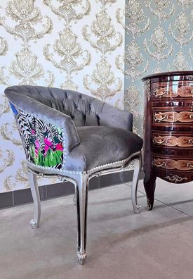Armchair Velvet Grey Retro Baroque Style Tufted Velvet Grey Chair for Lounge Bar