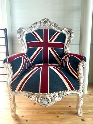 Armchair French Baroque Rococo Style in Silver Finish Union Jack Sofa Chair