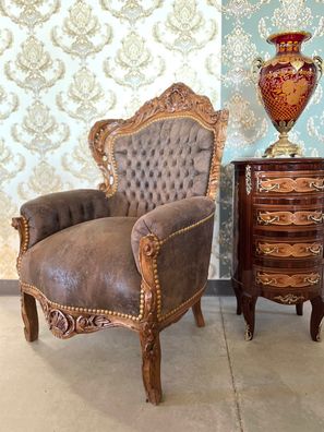 Armchair Retro French Baroque Style in Faux Leather Brown Sofa Chair Antique Style