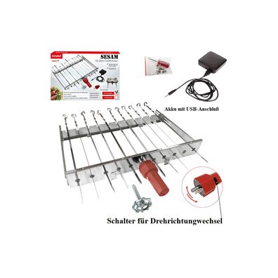 Mangal Aufsatz Spießdreher Edelstahl Sesam für 11 Spieße Akkumotor + Powerbank + USB