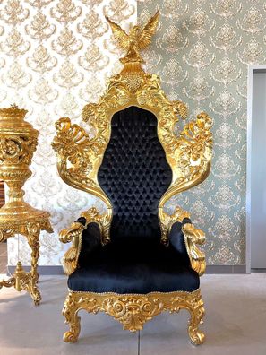 Huge Armchair Black Velvet King Throne Eagle Sculpture Top Baroque Rococo Style