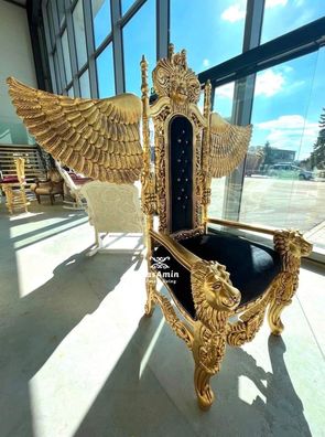 Huge Armchair Black in Gold Finish King Throne Lion Sculpture for Special Event