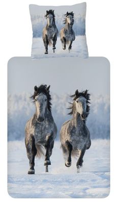 GOOD Morning Biber Bettwäsche Snowhorses 135x200 cm Pferde Mädchen Schnee