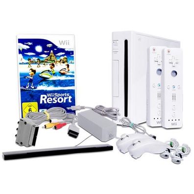 Wii Konsole in Weiss + alle Kabel + 2 Nunchuk + 2 Fernbedienung + Spiel Wii Sports...