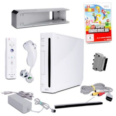 Wii Konsole in Weiss + alle Kabel + Nunchuk + Fernbedienung + Spiel New Super ...