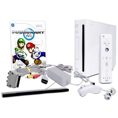 Wii Konsole in Weiss + alle Kabel + Nunchuk + Fernbedienung + Spiel Mario Kart ...