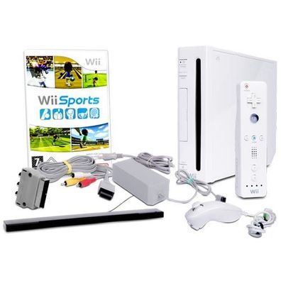 Wii Konsole in Weiss + alle Kabel + Nunchuk + Fernbedienung + Spiel Wii Sports