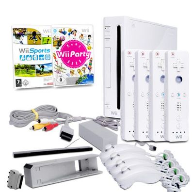 Wii Konsole in Weiss + alle Kabel + 4 Nunchuk + 4 Fernbedienung + Wii Sports+ Wii ...