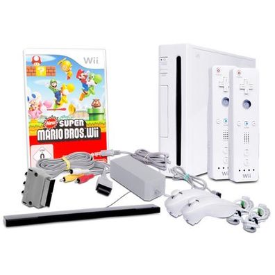 Wii Konsole in Weiss + alle Kabel + 2 Nunchuk + 2 Fernbedienung + Spiel New Super ...