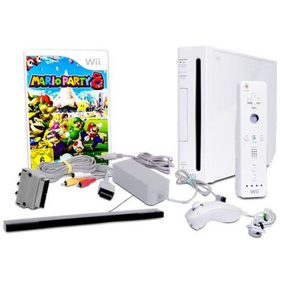 Wii Konsole in Weiss + alle Kabel + Nunchuk + Fernbedienung + Spiel Mario Party 8 ...