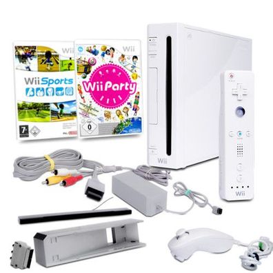 Wii Konsole in Weiss + alle Kabel + Nunchuk + Fernbedienung + Wii Sports + Wii Party
