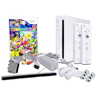 Wii Konsole in Weiss + alle Kabel + 2 Nunchuk + 2 Fernbedienung + Spiel Mario Party 9