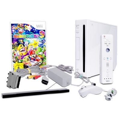 Wii Konsole in Weiss + alle Kabel + Nunchuk + Fernbedienung + Spiel Mario Party 9