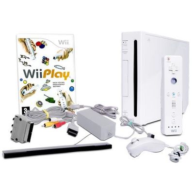 Wii Konsole in Weiss + alle Kabel + Nunchuk + Fernbedienung + Spiel Wii Play