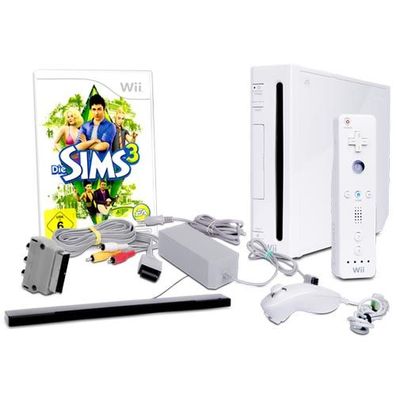 Wii Konsole in Weiss + alle Kabel + Nunchuk + Fernbedienung + Spiel Die Sims 3