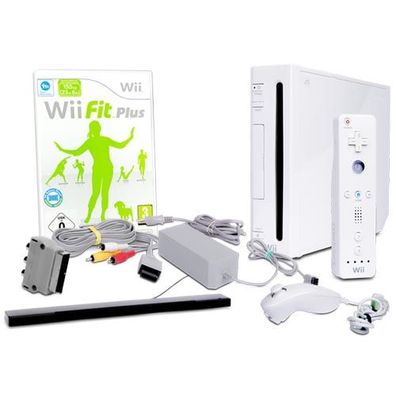 Wii Konsole in Weiss + alle Kabel + Nunchuk + Fernbedienung + Spiel Wii Fit Plus ...