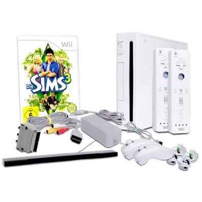 Wii Konsole in Weiss + alle Kabel + 2 Nunchuk + 2 Fernbedienung + Spiel Die Sims 3