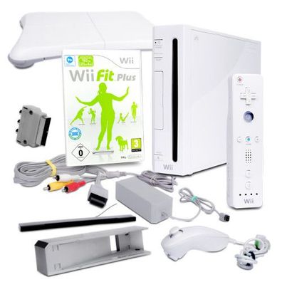 Wii Konsole in Weis + alle Kabel + Nunchuk + Fernbedienung + Spiel Wii Fit Plus ...