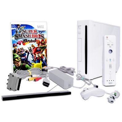 Wii Konsole in Weiss + alle Kabel + Nunchuk + Fernbedienung + Spiel Super Smash ...
