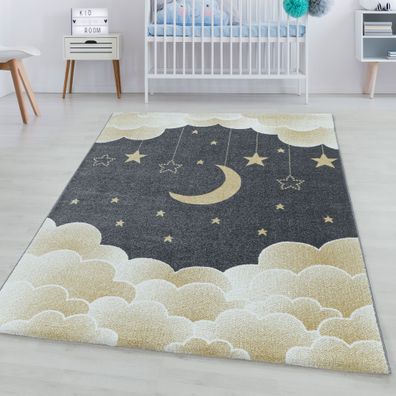 Kinderteppich Kurzflor Sternenhimmel Mond Wolken Design Kinderzimmer Gelb