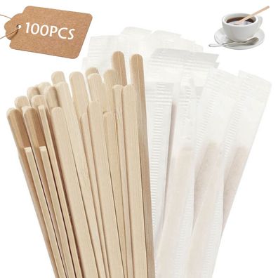 Einzeln verpackte Kaffeerührstäbchen, 100 Stück - Holzrührstäbchen für Kaffee/ Tee