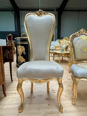 Tall Chair Beige Velvet French Baroque Style Throne in Gold Finish