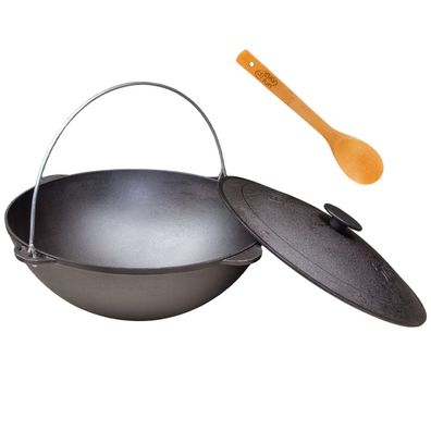 Schwenktopf Kazan 18L Camping Gusseisen mit Bügel und Deckel + Kochlöffel