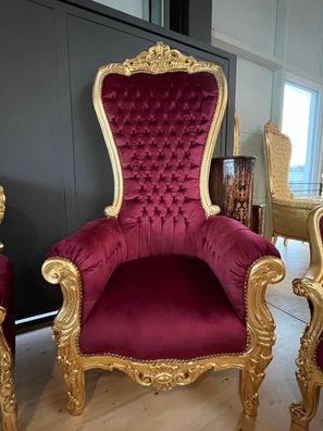 Huge Armchair Red Velvet Throne French Baroque Style Gold Finish Bordeaux Color