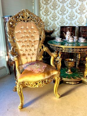 Huge Golden Throne Italian Baroque Rococo Style Antique Royal Style Armchair