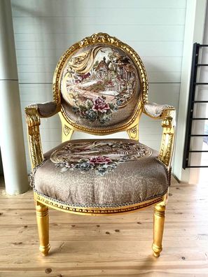 Armchair Handmade Antique style French Louis XV Baroque Satin Fabric