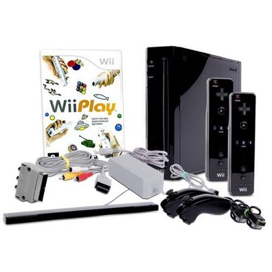 Wii Konsole in Schwarz + alle Kabel + 2 Nunchuk + 2 Fernbedienungen + Spiel Wii Play