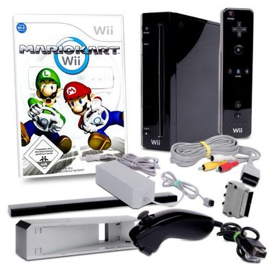 Nintendo Wii Konsole (Rvl 101) in Schwarz #30S + alle Kabel + Standfuss + Nunchuk ...