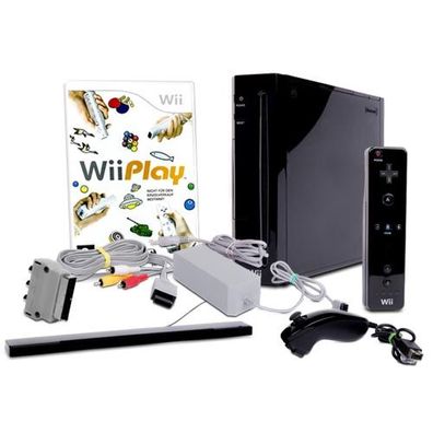 Wii Konsole in Schwarz + alle Kabel + Nunchuk + Fernbedienungen + Spiel Wii Play