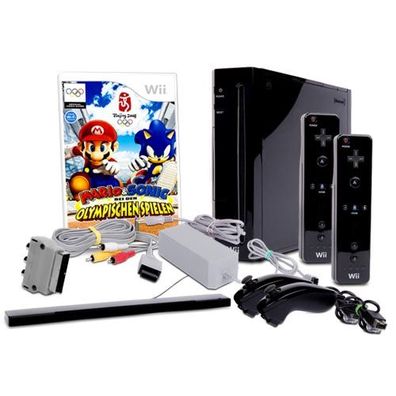 Original Nintendo Wii Konsole in Schwarz + ALLE KABEL + Standfuss + 2 Nunchuk + 2 ...