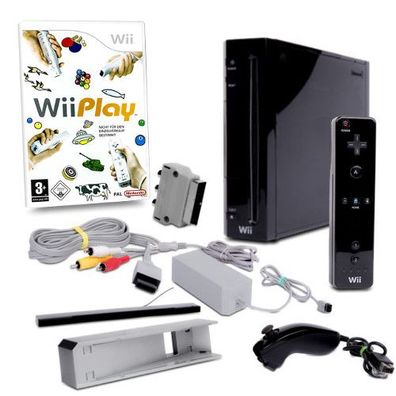 Wii Konsole in Schwarz + alle Kabel + Nunchuk + Fernbedienung + Spiel Wii Play
