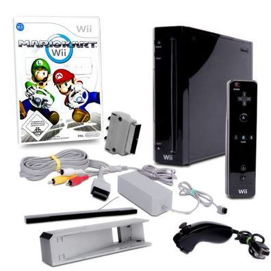 Wii Konsole in Schwarz + alle Kabel + Standfuss + Nunchuk + Fernbedienung + Spiel ...