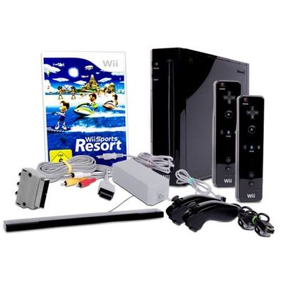 Wii Konsole in Schwarz + alle Kabel + 2 Nunchuk + 2 Fernbedienungen + Spiel Wii ...