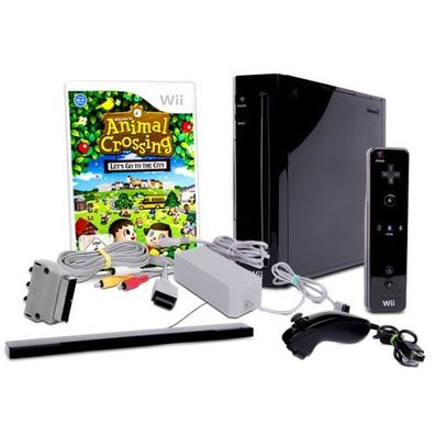 Nintendo Wii Konsole in Schwarz + alle Kabel + Nunchuk + Fernbedienungen + Spiel ...