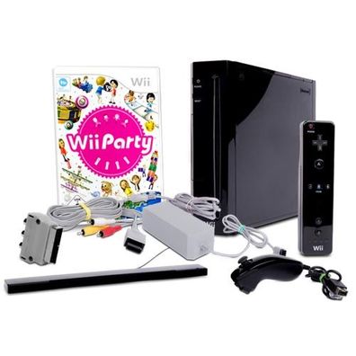 Wii Konsole in Schwarz + alle Kabel + Nunchuk + Fernbedienungen + Spiel Wii Party ...