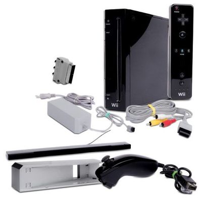 Nintendo Wii Konsole in Schwarz (Rvl 101) #30S + alle Kabel + Standfuss + Nunchuk ...