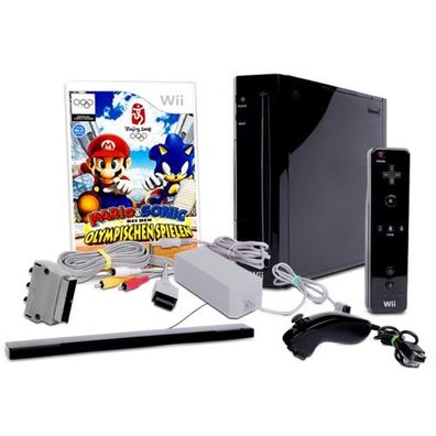 Original Nintendo Wii Konsole in Schwarz + ALLE KABEL + Standfuss + Nunchuk + ...