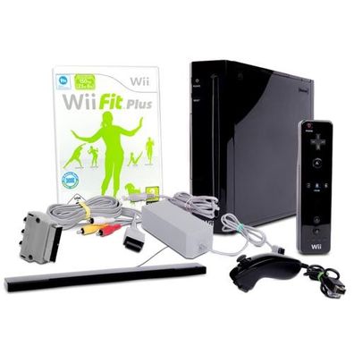 Wii Konsole in Schwarz + alle Kabel + Nunchuk + Fernbedienungen + Spiel Wii Fit ...