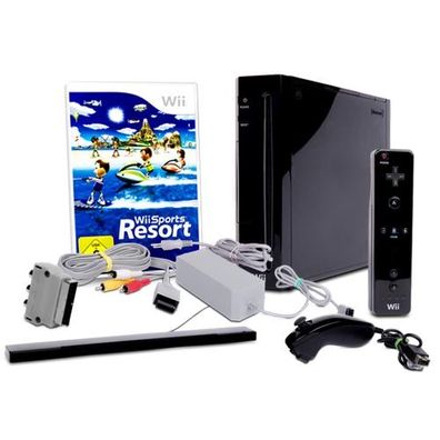 Wii Konsole in Schwarz + alle Kabel + Nunchuk + Fernbedienungen + Spiel Wii Sports...