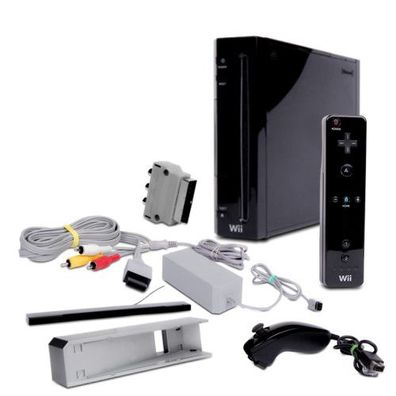 Wii Konsole in Schwarz + alle Kabel + Standfuss + Nunchuk + Fernbedienung